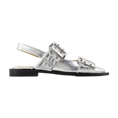 Ganni Buckle Metallic Ballerinas In Silver