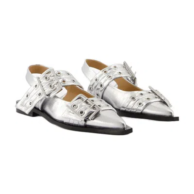 Ganni Buckle Metallic Ballerinas In Silver