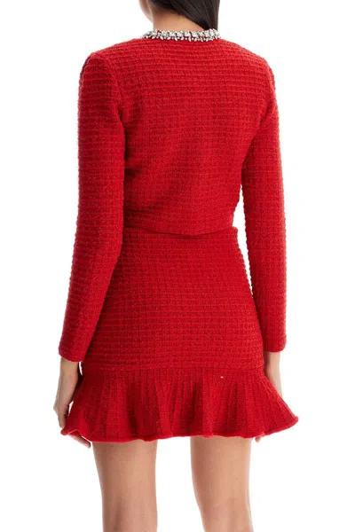 Shop Self-portrait Short Cardigan With Crystals In Red