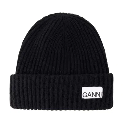 Ganni Wool-blend Ribbed-knit Beanie Hat In Black