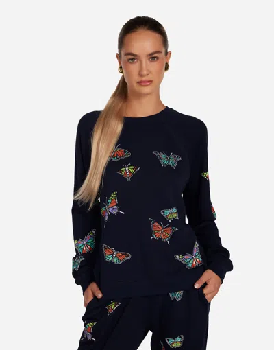 Lauren Moshi Mckinley Vintage Butterflies Thermal Top In Dark Navy