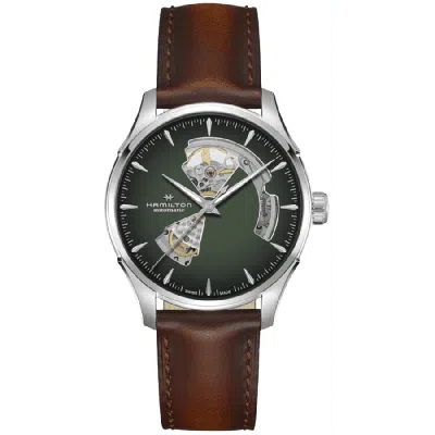 Hamilton Jazzmaster Open Heart Automatic Green Dial Brown Leather Strap Men's Watch H32675560 In Green