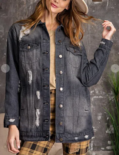 Easel Distressed Oversized Denim Jacket In Black In Black