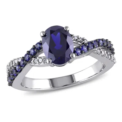 Mimi & Max Created Blue Sapphire And 1/10ct Tw Diamond Ring 10k White Gold In Blue