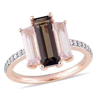Mimi & Max 3ct Tgw Smokey & Rose Quartz 1/7ct Tw Diamond Ring 14k Rose Gold In Brown