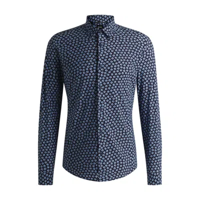 Hugo Boss Slim-fit Shirt In Floral-print Performance-stretch Jersey In Blue