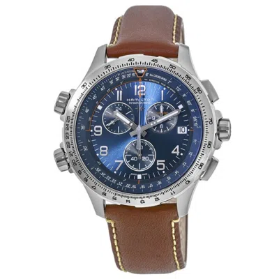 Hamilton Khaki X-wind Gmt Chrono Quartz Blue Dial Brown Leather Strap Men's Watch H77922541 In Blue