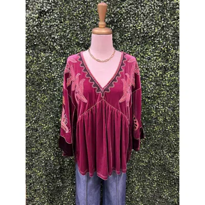 Easel Embo Detailing Velvet Babydoll Tunic In Magenta In Pink