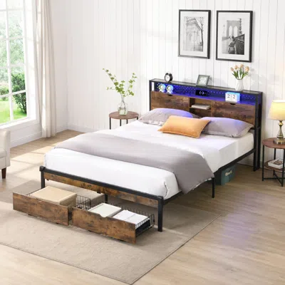 Streamdale Furniture King Platform Bed With Headboard, Usb, Storage, Led