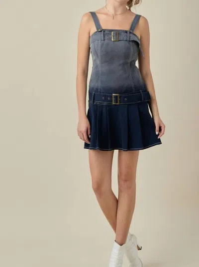 Baby Pink Drop Waist Belted Mini Dress In Dark Wash Denim In Multi