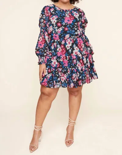 Sugarlips Plus Wild Floral Bubble Sleeve Ruffle Mini Dress Curve In Black Multi In Multi