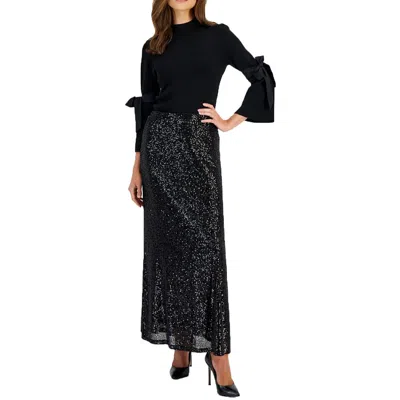 Anne Klein Womens Mock Neck Tie Sleeve Sweater Sequin Maxi Skirt In Black