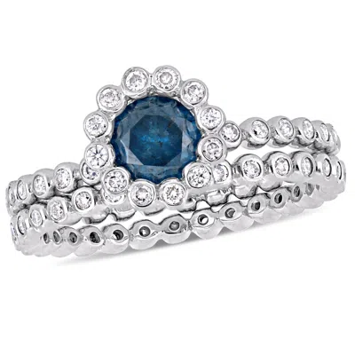 Mimi & Max 1ct Tw Blue And White Diamond Bridal Set Ring 10k White Gold In Blue