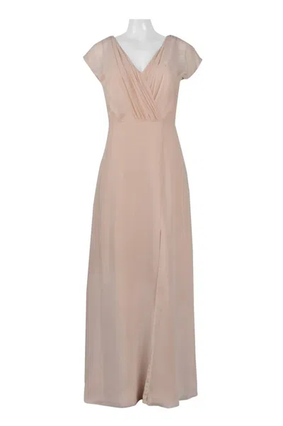 Monique Lhuillier Ruched V-neck Long Evening Dress In Bamboo In Multi
