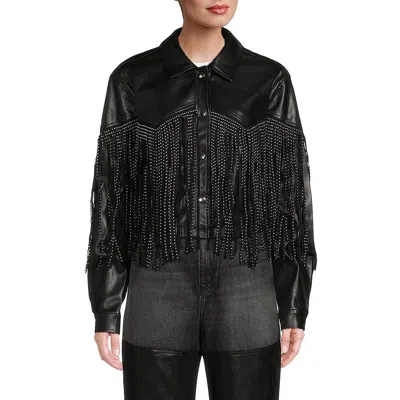 Stoosh Womens Fringe Polyester Leather Jacket In Black