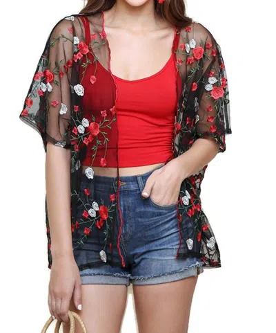 Umgee Floral Embroidered Sheer Kimono In Black In Black