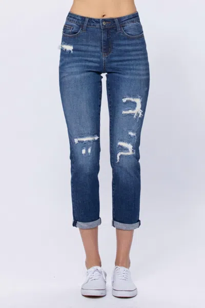 Judy Blue Thermal Patch Boyfriend Jeans In Medium Wash Blue In Multi