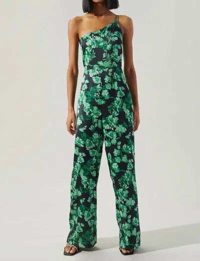 Sugarlips Bonnita One Shoulder Le Disko Satin Jumpsuit In Green-black In Multi