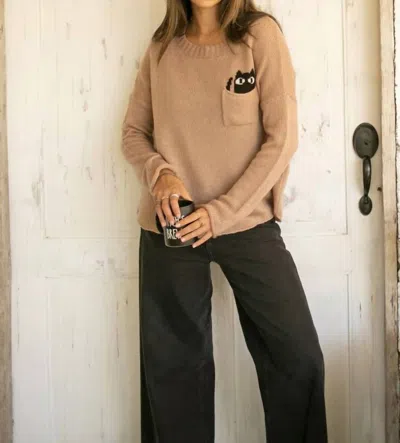 Wooden Ships Cat Pocket Crew Lightweight Sweater In Latte In Multi