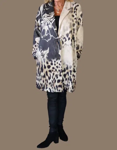 Look Mode Usa Faux Suede Leopard And Flower Print Long Jacket In Tan/black In Multi