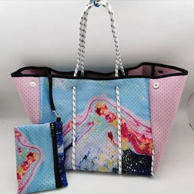 Julia Rose Women's Neoprene Bag In Pink & Blue Geode Print In Multi