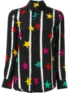 Saint Laurent Paris Collar Shirt In Black And Multicolor Stars And Spray Paint Printed Silk Crêpe