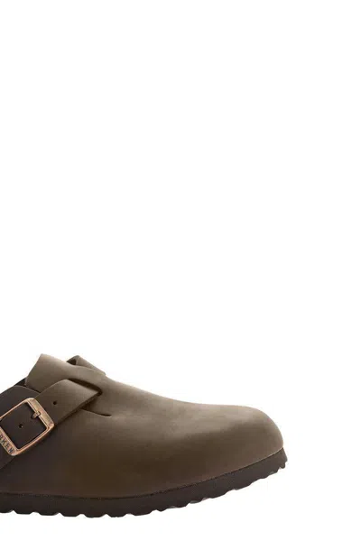 Birkenstock Leather Buckle Detail Slippers With Open Back In Brown