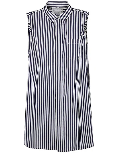 Sacai Cotton Dress With Striped Pattern In Blue