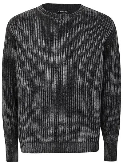 Avant Toi Tonal Effect Ribbed Round Neck Pullover In Cashmere And Wool With Cut Edges In Black