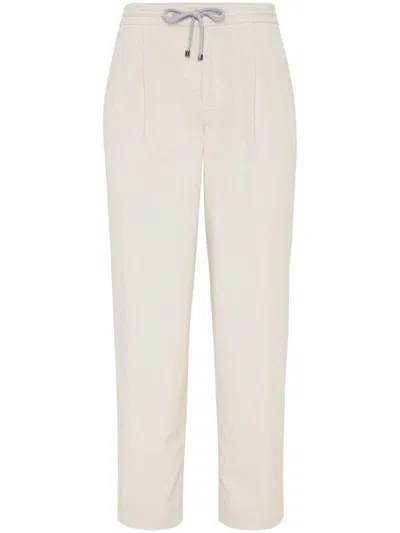 Brunello Cucinelli Cotton Corduroy Drawstring Trousers In White