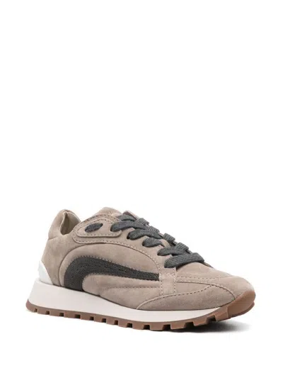 Brunello Cucinelli Monili-embellished Suede Sneakers In Brown