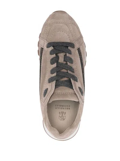 Brunello Cucinelli Monili-embellished Suede Sneakers In Brown