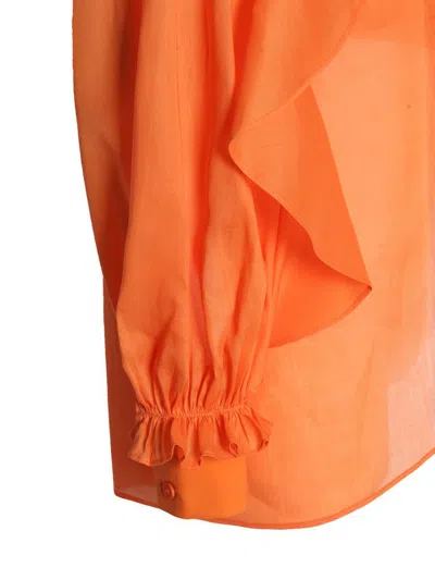 Alberta Ferretti Cotton Shirt With Cuffed And Ruffled Sleeves In Orange