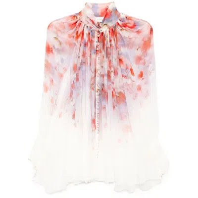 Zimmermann Crush Pleated Floral-print Crepon Blouse In Purple/red