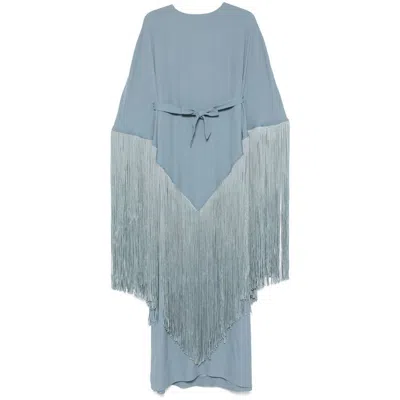 Taller Marmo Long Kaftan With Cape Design And Fringe In Blue