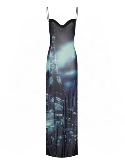 Jean Paul Gaultier Printed Tulle Maxi Dress In Blue