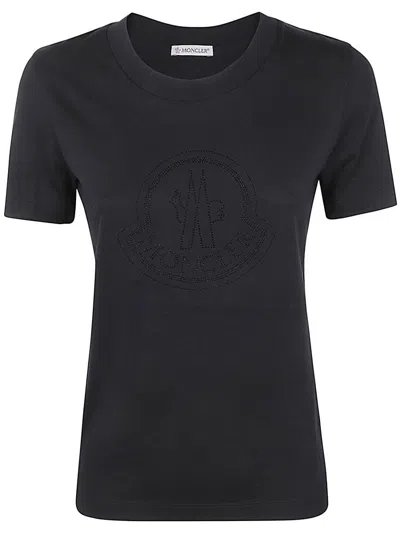 Moncler Women Black T-shirt With Rhinestone Logo In Cotton Woman In Black