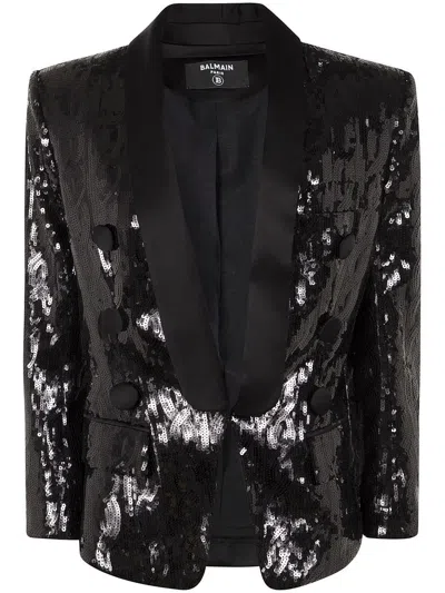 Balmain Sequined Double-breasted Satin Tailored Jacket In Black