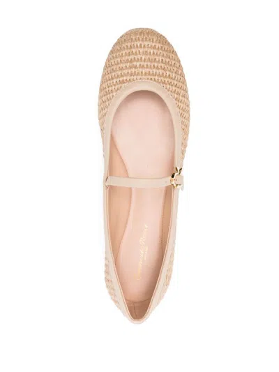 Gianvito Rossi Carla Leather-trimmed Raffia Mary Jane Ballet Flats In Beige