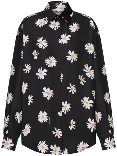 Moschino All-over Daisy Print Silk Twill Shirt In Black