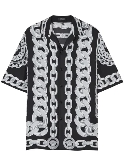Versace Black And White Bowling Shirt With Cuban Collar And All-over Chain-link Print In Silk Man In Black