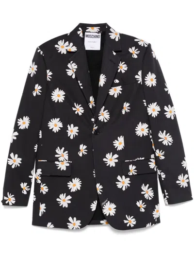 Moschino All-over Daisy Print Silk Twill Shirt In Black