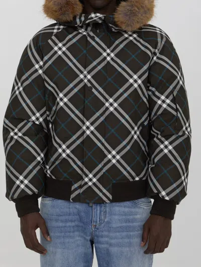 Burberry High-neck Zip-up Checked Jacket In Brown