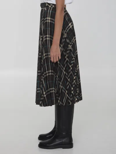 Burberry Long Multicolor Pleated Skirt With Check Motif In Wool Blend Woman In Black
