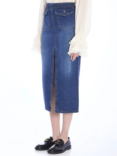 Chloé Chic Denim Midi Skirt With Front Slit In Blue