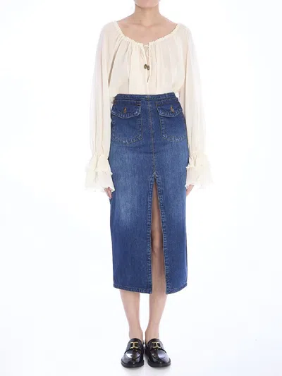 Chloé Chic Denim Midi Skirt With Front Slit In Blue