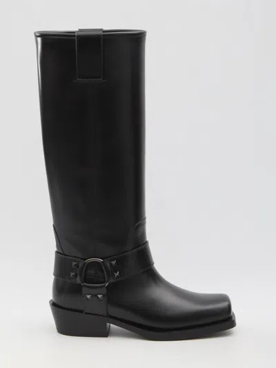 Valentino Rockstud Biker Knee-high Leather Boots In Black
