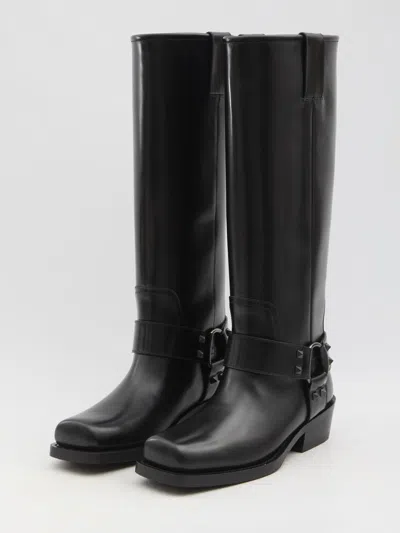 Valentino Rockstud Biker Knee-high Leather Boots In Black