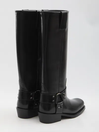 Valentino Rockstud Biker Knee-high Leather Boots In Black