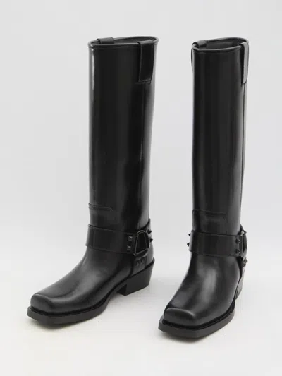 Valentino Rockstud Biker Knee-high Leather Boots In Black